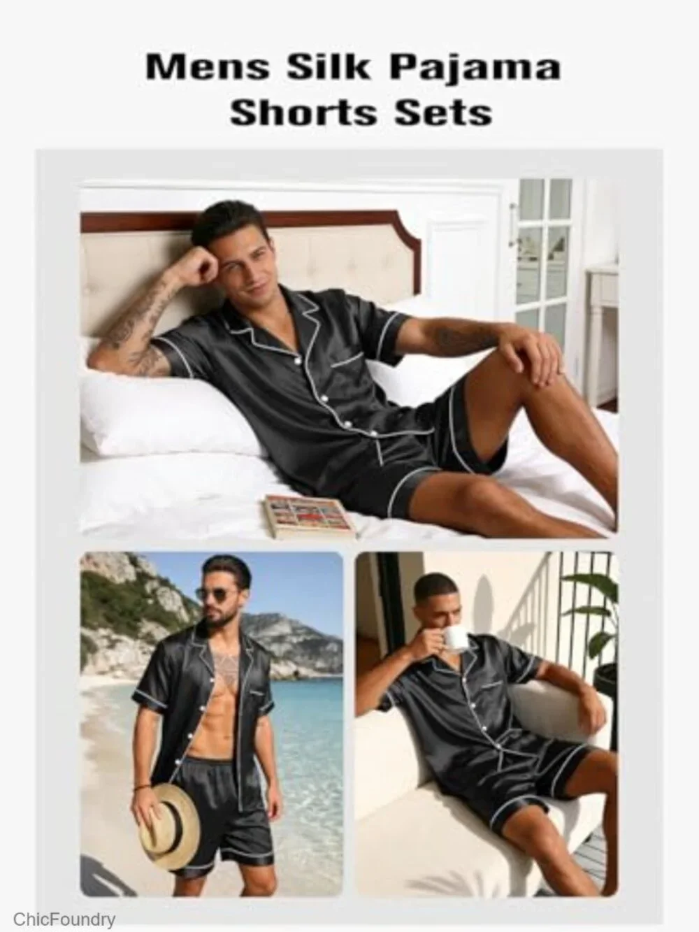 Men's Silky Satin Pajama Set 2 Piece Short Sleeve Notch Collar with Pockets